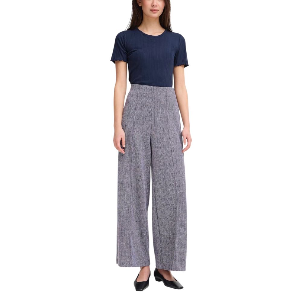 Trousers by ICHI for women in stretch polyester & viscose blue features a tailored silhouette with a tailored straight-leg & wide, defined by its long and a sophisticated high rise.