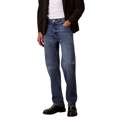 Jeans by Calvin Klein Jeans for men in stretch denim cotton blue & natural features a polished silhouette with a polished relaxed-fit & regular-fit, reaching a polished long and finished with a polished .