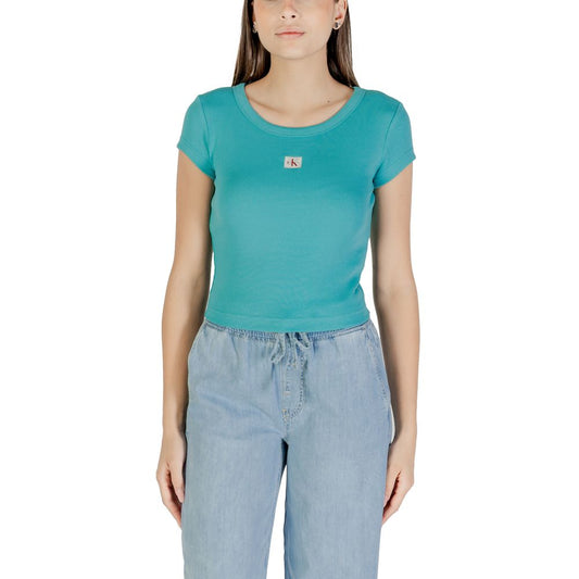 T-Shirt by Calvin Klein Jeans for women in stretch cotton blue showcases a chic silhouette, artfully detailed with a chic and for a chic finish.