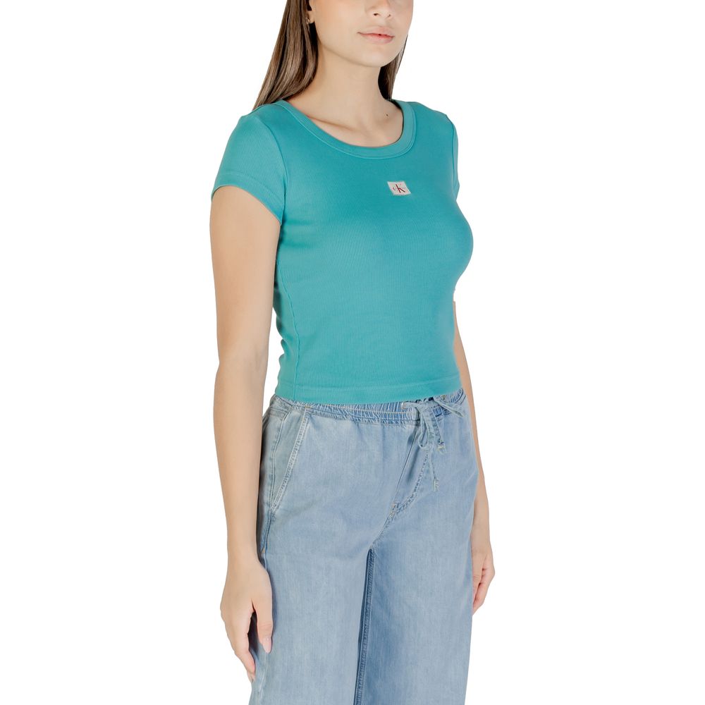 T-Shirt by Calvin Klein Jeans for women in stretch cotton blue showcases a dramatic silhouette, elegantly detailed with a dramatic and for a truly dramatic finish.