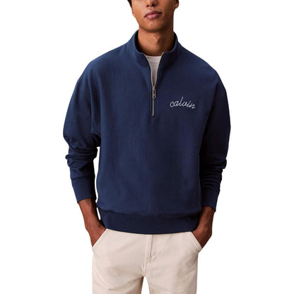 Activewear Sweatshirt by Calvin Klein Jeans for men in polyester cotton terrycloth blue presents a dynamic silhouette, featuring a dynamic high-collar neckline and detailed with functional .