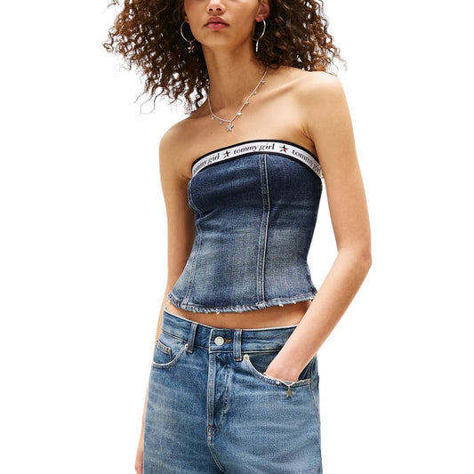 Tommy Hilfiger Jeans Women's Strapless Stretch Denim Cotton Activewear Top - Blue