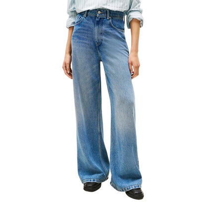 Jeans by Tommy Hilfiger for women in lana wool & denim blue features a polished silhouette with a polished flared, bootcut & wide, reaching a polished long and finished with a polished high rise.