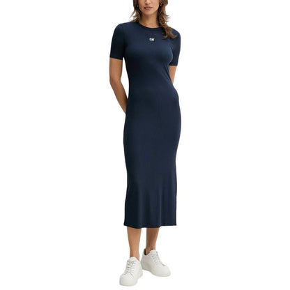 Dress by Calvin Klein Jeans for women in stretch lycra & modal blue presents a sinuous silhouette, showcasing a sophisticated round neckline and short-sleeve detailed with a sinuous short long for a refined finish.