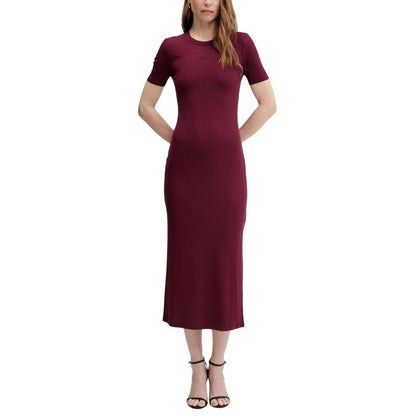 Dress by Calvin Klein Jeans for women in stretch lycra & modal bordeaux presents a sinuous silhouette, showcasing a sophisticated round neckline and short-sleeve detailed with a sinuous short long for a refined finish.