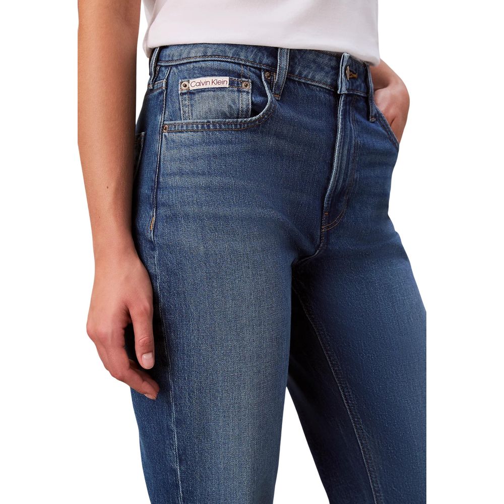 Jeans by Calvin Klein Jeans for women in stretch denim cotton blue presents a tailored silhouette, showcasing a tailored straight-leg, relaxed-fit, regular-fit & mom and long cut with a refined high rise for a truly tailored aesthetic.