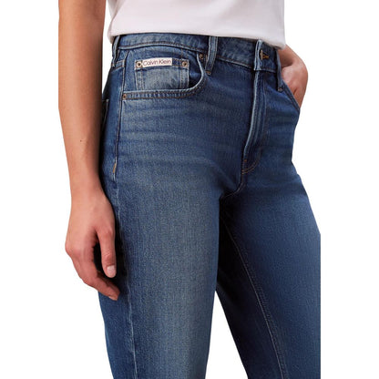 Jeans by Calvin Klein Jeans for women in stretch denim cotton blue presents a tailored silhouette, showcasing a tailored straight-leg, relaxed-fit, regular-fit & mom and long cut with a refined high rise for a truly tailored aesthetic.