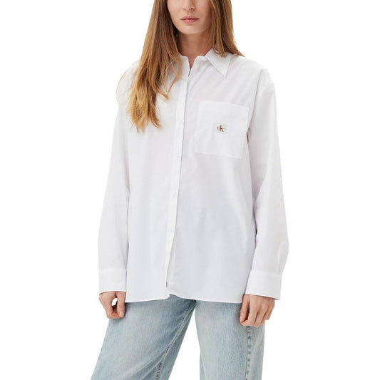 Shirt by Calvin Klein Jeans for women in stretch cotton white features an architectural silhouette with a refined long-sleeve and elegant for a architectural look.