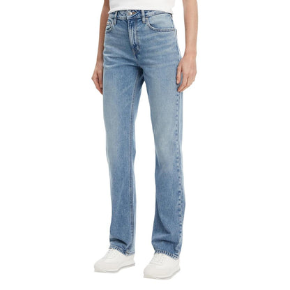 Jeans by Calvin Klein Jeans for women in stretch denim cotton blue features a polished silhouette with a polished straight-leg, regular-fit & mom, reaching a polished long and finished with a polished high rise.