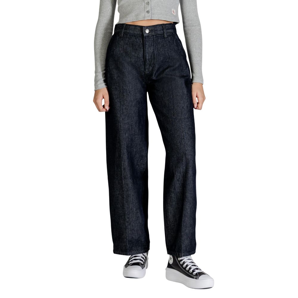 Jeans by Calvin Klein Jeans for women in denim cotton blue features a polished silhouette with a polished flared, bootcut & wide, reaching a polished long and finished with a polished high rise.