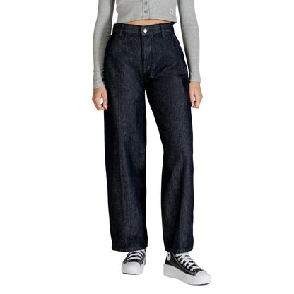 Jeans by Calvin Klein Jeans for women in denim cotton blue features a polished silhouette with a polished flared, bootcut & wide, reaching a polished long and finished with a polished high rise.