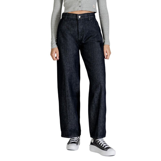 Jeans by Calvin Klein Jeans for women in denim cotton blue features a polished silhouette with a polished flared, bootcut & wide, reaching a polished long and finished with a polished high rise.
