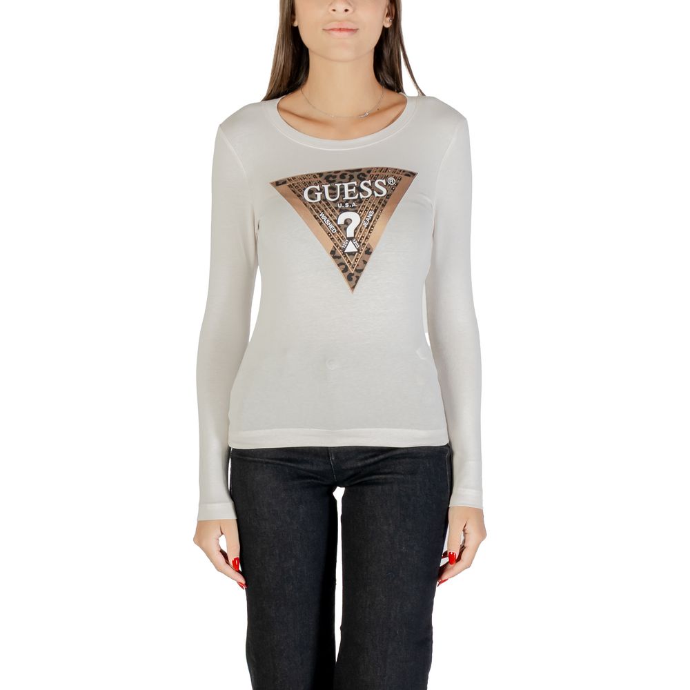 T-Shirt by Guess for women in stretch cotton cream showcases a unassuming silhouette, artfully detailed with a refined crew neckline and unassuming long-sleeve for a sophisticated, contemporary look.