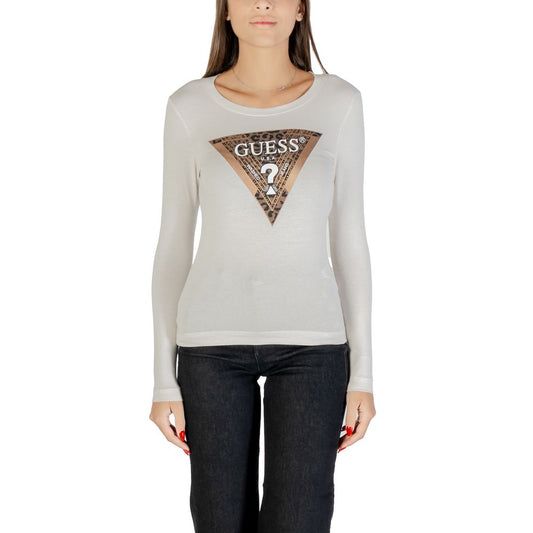 T-Shirt by Guess for women in stretch cotton cream showcases a unassuming silhouette, artfully detailed with a refined crew neckline and unassuming long-sleeve for a sophisticated, contemporary look.