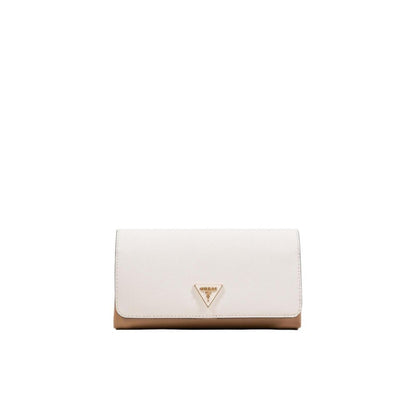 Evening Crossbody Flap Clutch Handbag by Guess for women in polyethylene & polyurethane beige & gold features a architectural silhouette, showcasing a secure flap & magnetic, ample built-in-compartments, and versatile crossbody-strap, shoulder-strap & adjustable-strap for a architectural finish.