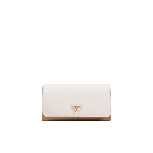 Evening Crossbody Flap Clutch Handbag by Guess for women in polyethylene & polyurethane beige & gold features a architectural silhouette, showcasing a secure flap & magnetic, ample built-in-compartments, and versatile crossbody-strap, shoulder-strap & adjustable-strap for a architectural finish.