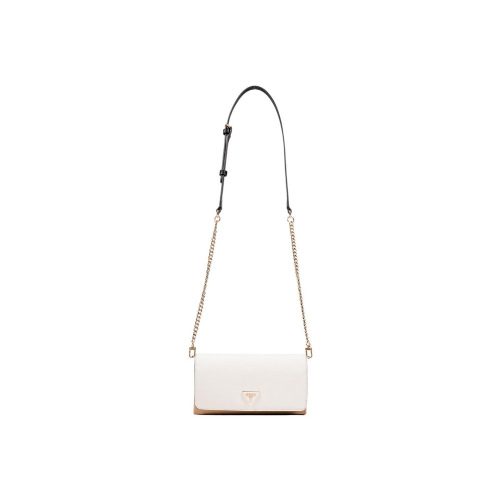Evening Crossbody Flap Clutch Handbag by Guess for women in polyethylene & polyurethane beige & gold features a sculptural silhouette with a secure flap & magnetic, organized built-in-compartments, and versatile crossbody-strap, shoulder-strap & adjustable-strap for a sculptural finish.