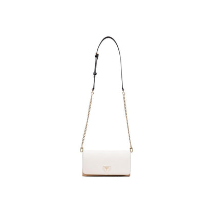 Evening Crossbody Flap Clutch Handbag by Guess for women in polyethylene & polyurethane beige & gold features a sculptural silhouette with a secure flap & magnetic, organized built-in-compartments, and versatile crossbody-strap, shoulder-strap & adjustable-strap for a sculptural finish.
