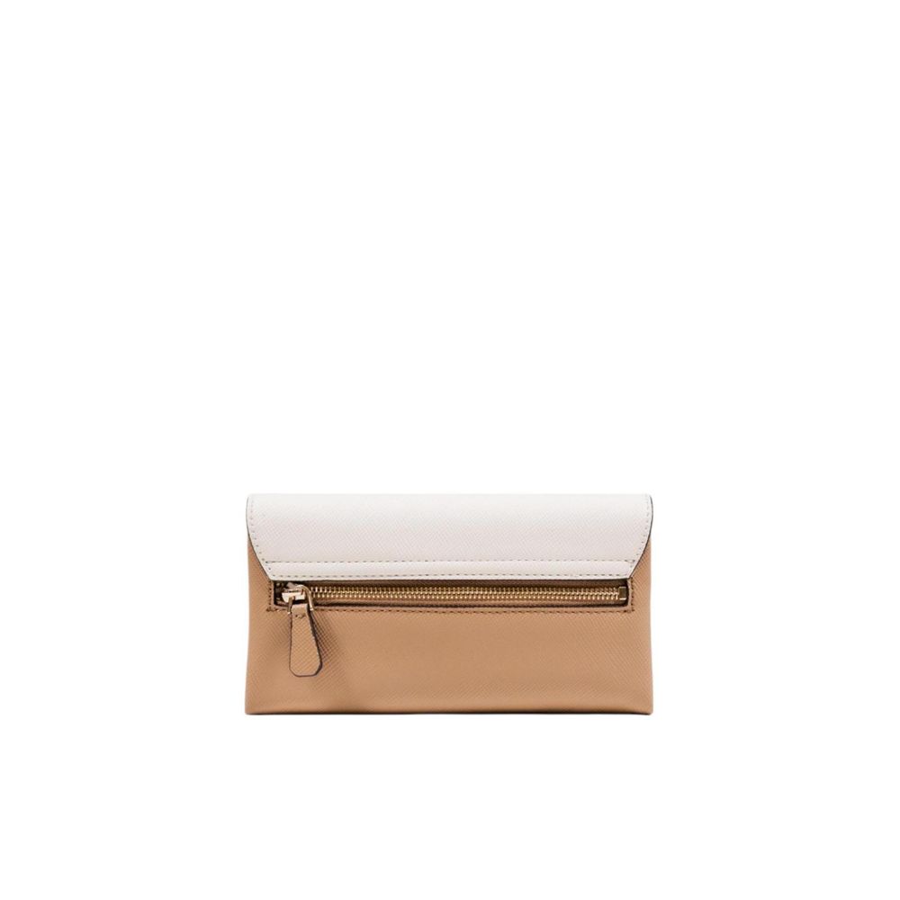 Evening Crossbody Flap Clutch Handbag by Guess for women in polyethylene & polyurethane beige & gold showcases a sculptural silhouette, featuring a secure flap & magnetic, ample built-in-compartments, and versatile crossbody-strap, shoulder-strap & adjustable-strap for a sculptural finish.