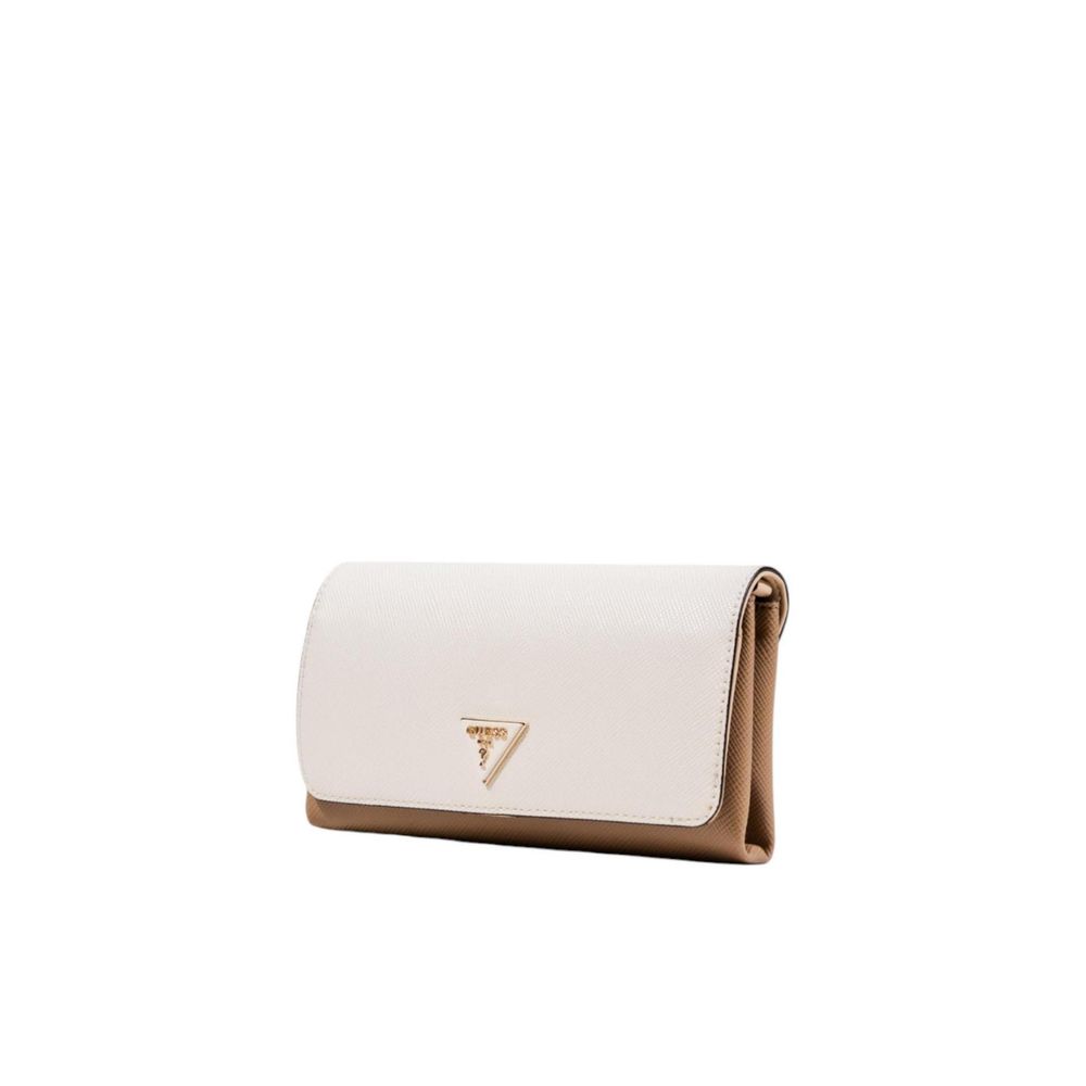 Evening Crossbody Flap Clutch Handbag by Guess for women in polyethylene & polyurethane beige & gold showcases a sculptural silhouette, featuring a secure flap & magnetic, ample built-in-compartments, and versatile crossbody-strap, shoulder-strap & adjustable-strap for a sculptural aesthetic.