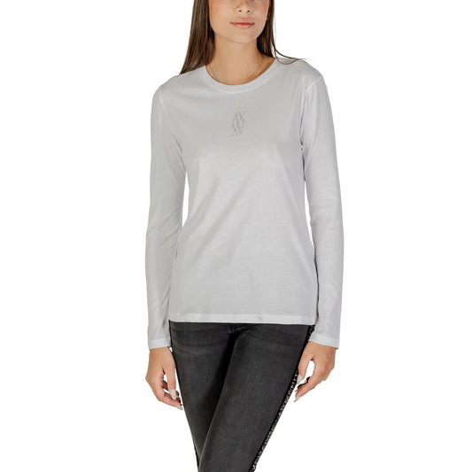 T-Shirt by Armani Exchange for women in cotton white showcases a unassuming silhouette, artfully detailed with a refined round neckline and unassuming long-sleeve for a sophisticated, contemporary look.