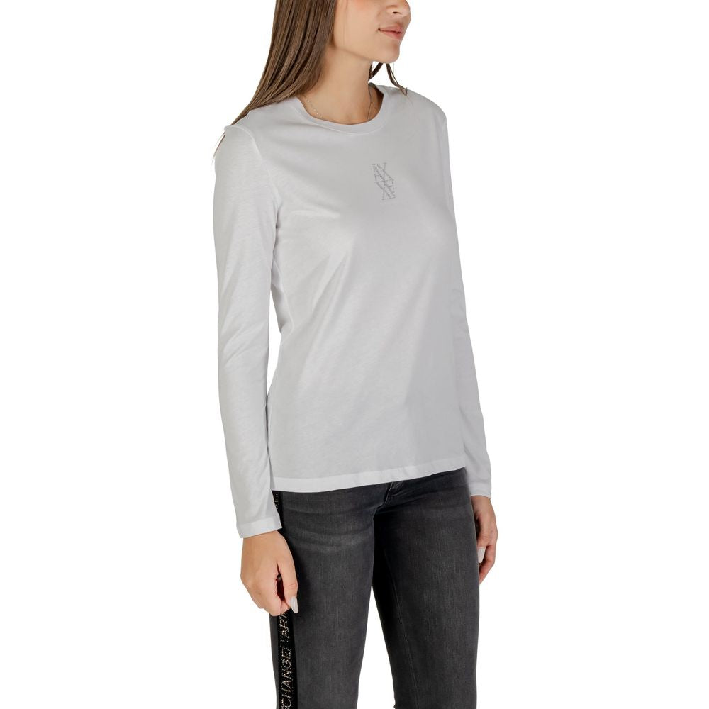 T-Shirt by Armani Exchange for women in cotton white showcases a fashionable silhouette, elegantly detailed with a fashionable and round neckline for a sophisticated, high-fashion look.
