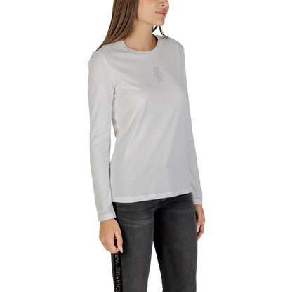 T-Shirt by Armani Exchange for women in cotton white showcases a fashionable silhouette, elegantly detailed with a fashionable and round neckline for a sophisticated, high-fashion look.