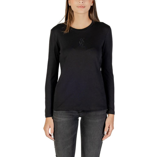 T-Shirt by Armani Exchange for women in cotton black showcases a fashionable silhouette, elegantly detailed with a fashionable long-sleeve and round neckline for a sophisticated, high-fashion look.