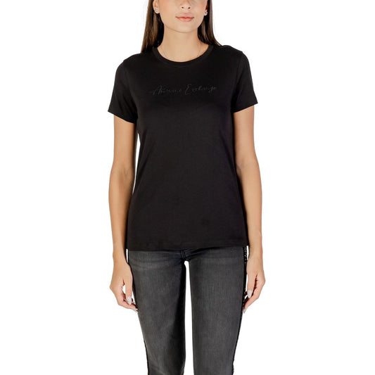 T-Shirt by Armani Exchange for women in cotton black showcases a unassuming silhouette, artfully detailed with a refined and unassuming for a sophisticated, contemporary look.