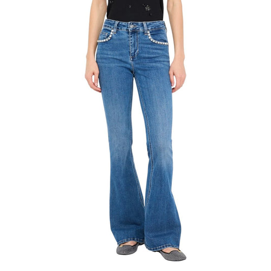 Jeans by Liu Jo for women in stretch denim cotton blue features a polished silhouette with a polished flared & bootcut, reaching a polished long and finished with a polished high rise.