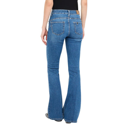 Jeans by Liu Jo for women in stretch denim cotton blue presents a refined pantology silhouette, artfully defined by a refined pantology flared & bootcut, long, and a sophisticated high rise.