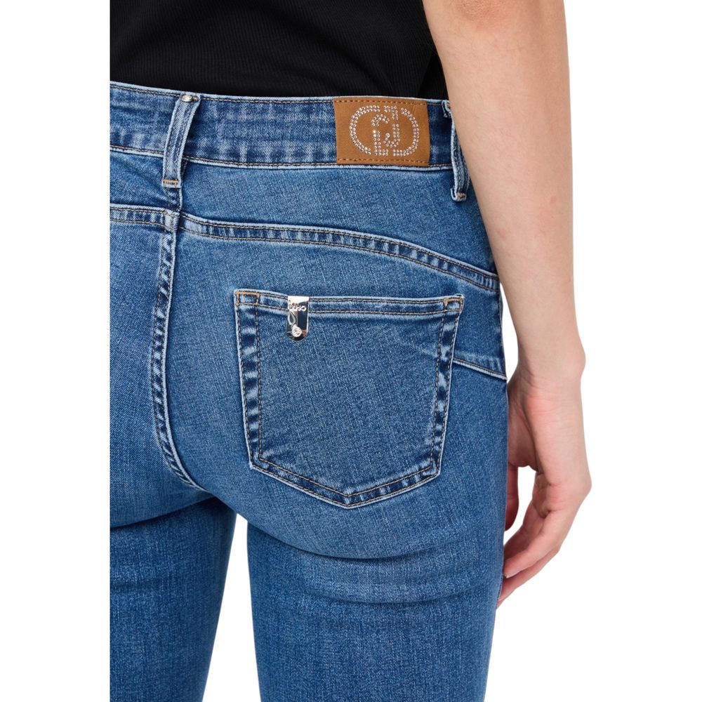 Jeans by Liu Jo for women in stretch denim cotton blue presents a tailored silhouette, showcasing a tailored flared & bootcut and long cut with a refined high rise for a truly tailored aesthetic.