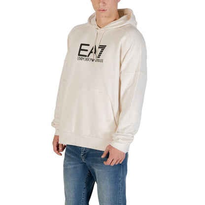 Hooded Hoodie by EA7 Emporio Armani for men in cotton & kangaroo black & white features a slouchy chic silhouette, detailed with a slouchy chic and a signature hooded neckline for an elevated aesthetic.