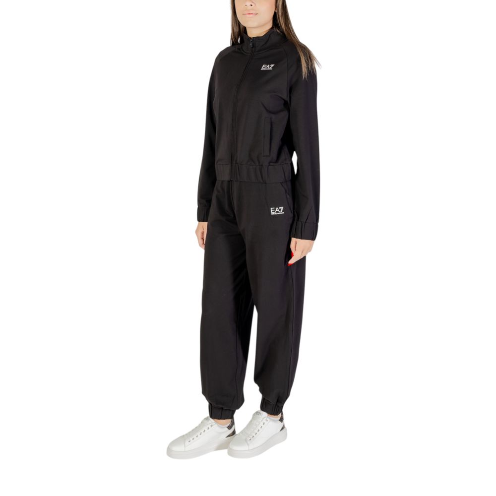 Track Jacket by EA7 Emporio Armani for women in stretch cotton black presents a kinetic silhouette, showcasing with a refined and high-collar neckline for a kinetic look.
