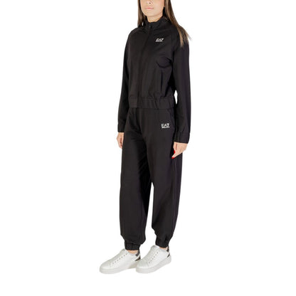 Track Jacket by EA7 Emporio Armani for women in stretch cotton black presents a kinetic silhouette, showcasing with a refined and high-collar neckline for a kinetic look.
