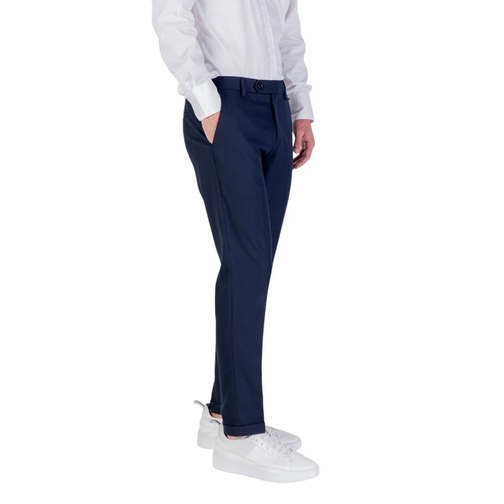 Trousers by Antony Morato for men in stretch polyester viscose twill blue features an sartorial silhouette, showcasing a precise skinny, slim & cropped and cropped with a sartorial for a refined look.