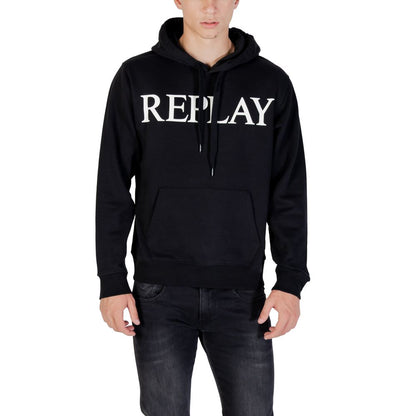 Hooded Hoodie by Replay for men in cotton & kangaroo black features an dramatic silhouette, showcasing a sophisticated hooded neckline and dramatic for a refined, modern aesthetic.