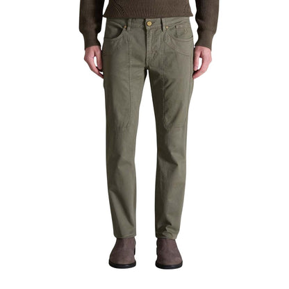 Trousers by Jeckerson for men in stretch cotton green features a tailored silhouette with a tailored skinny & slim, defined by its long and a sophisticated .