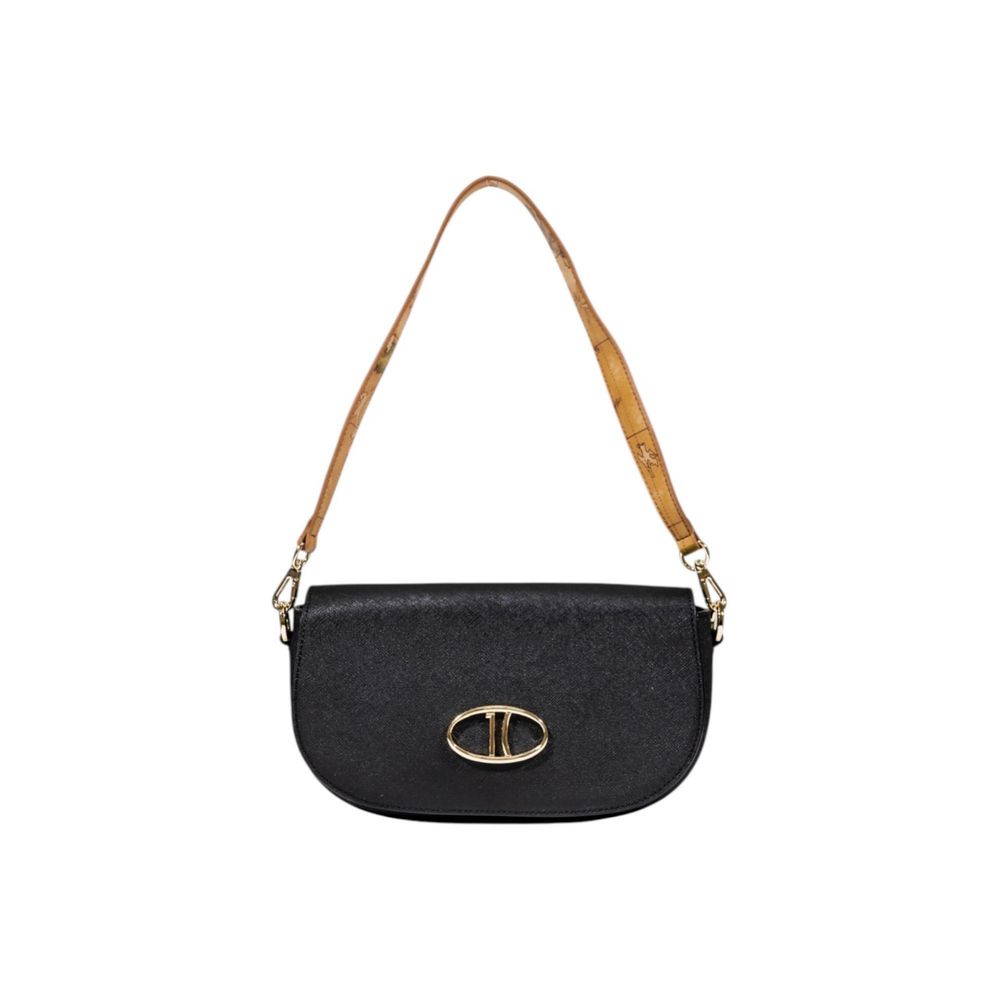 Medium Evening Handbag by Alviero Martini Prima Classe for women in pvc & poly cotton black, gold, signature & print features an refined silhouette, showcasing a secure clasp, ample , and versatile handle for a sophisticated refined aesthetic.