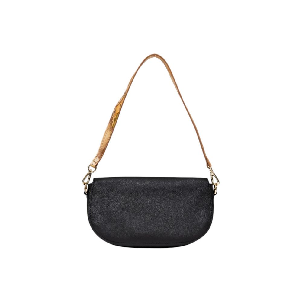 Medium Evening Handbag by Alviero Martini Prima Classe for women in pvc & poly cotton black, gold, signature & print features a ornamental silhouette, showcasing a secure clasp, ample , and ornamental handle for a sophisticated look.