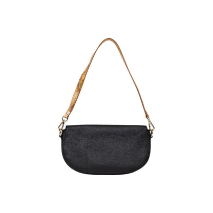 Medium Evening Handbag by Alviero Martini Prima Classe for women in pvc & poly cotton black, gold, signature & print features a ornamental silhouette, showcasing a secure clasp, ample , and ornamental handle for a sophisticated look.