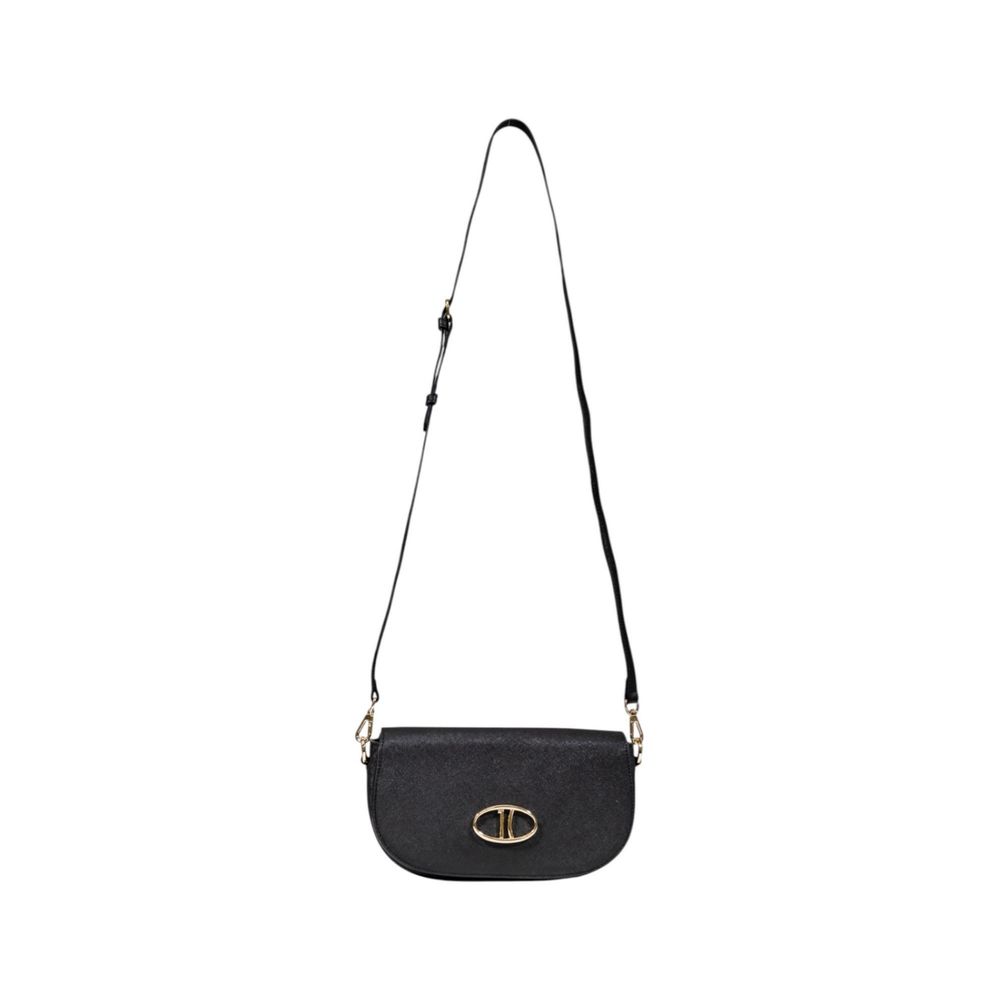 This Medium Evening Handbag by Alviero Martini Prima Classe for women in pvc & poly cotton and black, gold, signature & print presents a sculptural silhouette featuring a secure clasp, ample , and versatile handle for a sculptural finish.