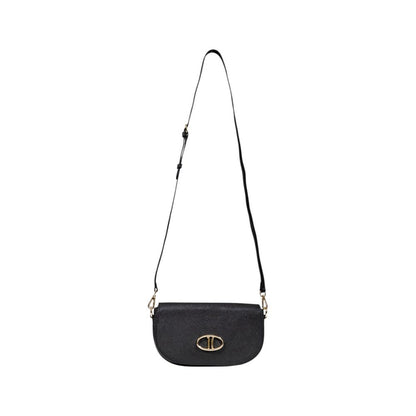 This Medium Evening Handbag by Alviero Martini Prima Classe for women in pvc & poly cotton and black, gold, signature & print presents a sculptural silhouette featuring a secure clasp, ample , and versatile handle for a sculptural finish.