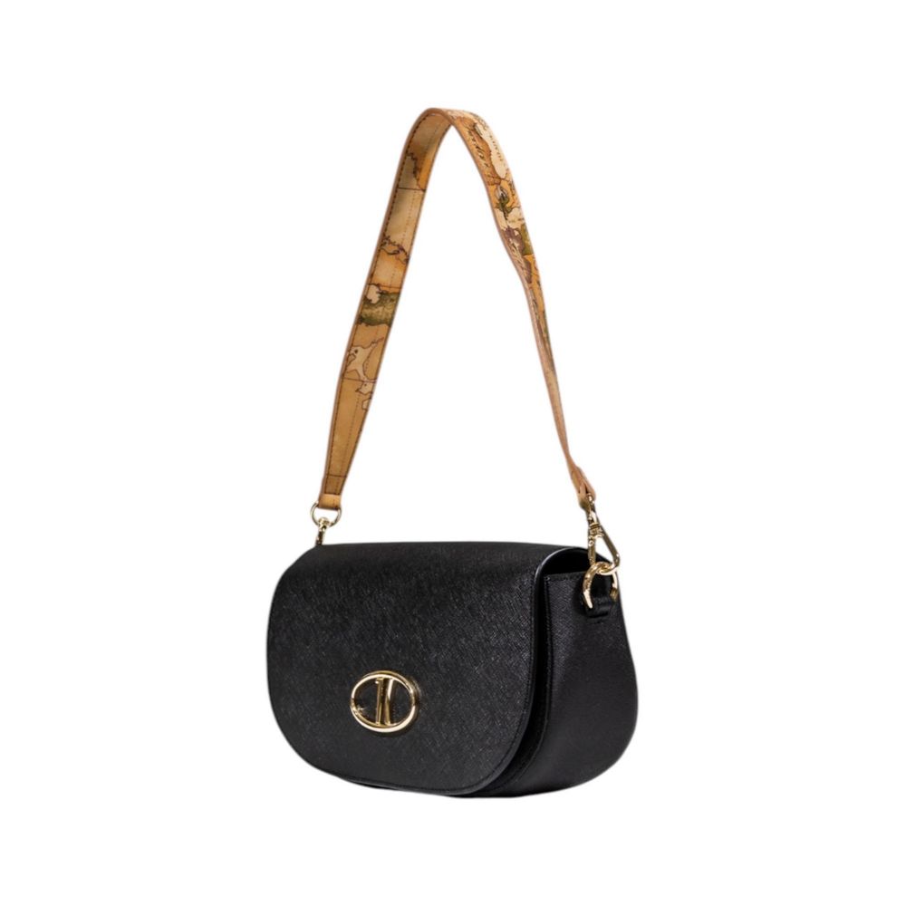 Medium Evening Handbag by Alviero Martini Prima Classe for women in pvc & poly cotton black, gold, signature & print features a refined silhouette, showcasing a secure clasp, organized , and versatile handle for a refined finish.