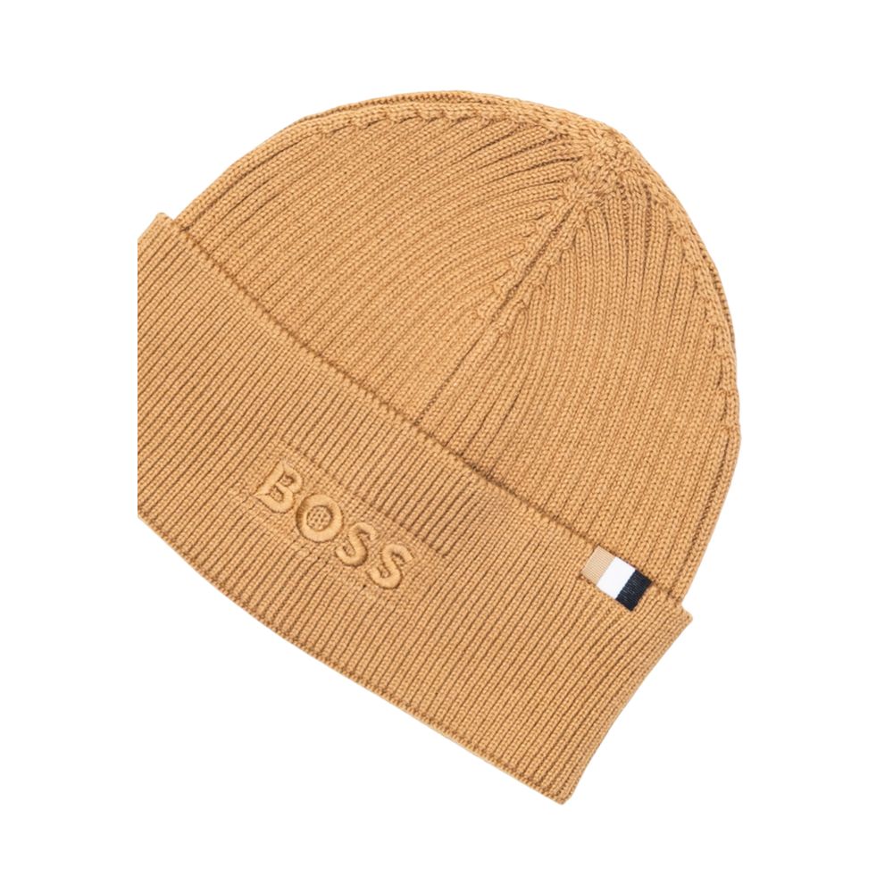 Hat by Hugo Boss for men in wool cotton beige showcases a delicate silhouette, artfully capturing the essence of the delicate Wool Cotton Hat design for a sophisticated look.