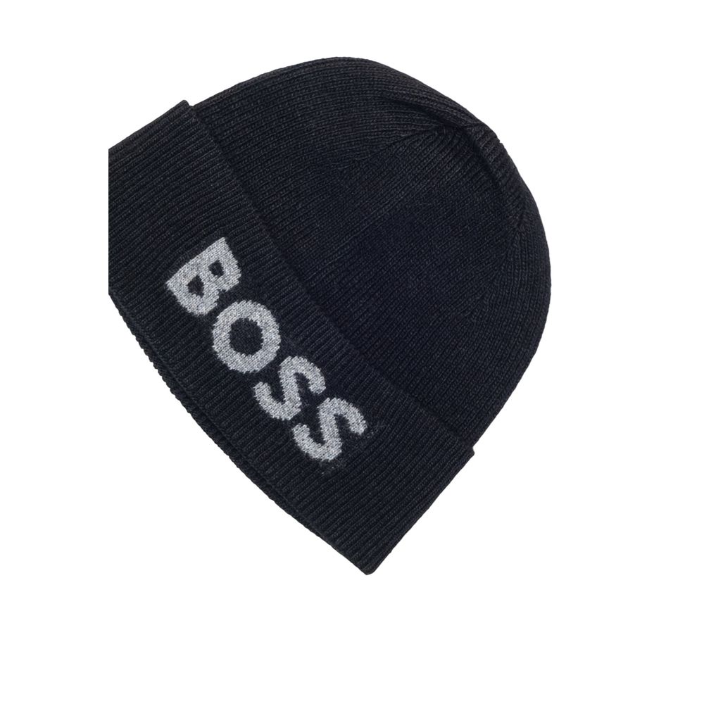 Hat by Hugo Boss for men in viscose & virgin wool black showcases a delicate silhouette, artfully capturing the essence of the delicate Viscose & Virgin Wool Hat design for a sophisticated look.