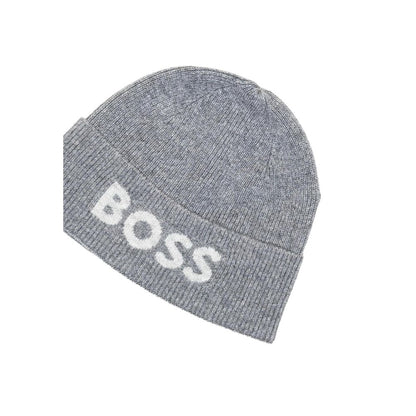Hat by Hugo Boss for men in viscose & virgin wool gray showcases a refined silhouette, artfully capturing the essence of the refined Viscose & Virgin Wool Hat design for a sophisticated look.