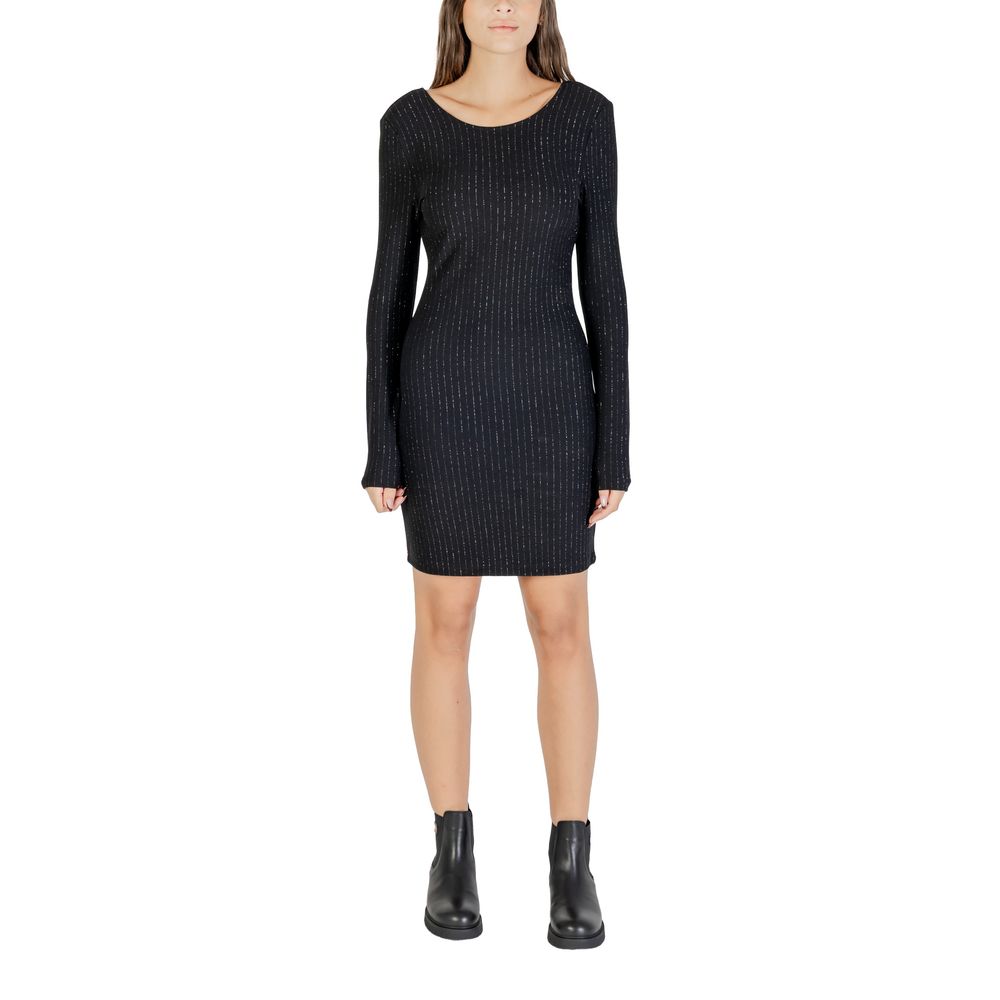 Dress by Jacqueline De Yong for women in stretch polyester & lurex black & striped presents a sinuous silhouette, showcasing a sophisticated and long-sleeve detailed with a sinuous short for a refined finish.
