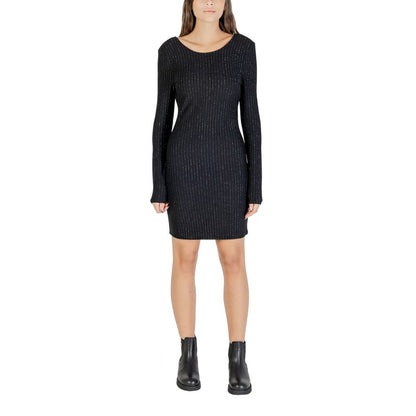 Dress by Jacqueline De Yong for women in stretch polyester & lurex black & striped presents a sinuous silhouette, showcasing a sophisticated and long-sleeve detailed with a sinuous short for a refined finish.