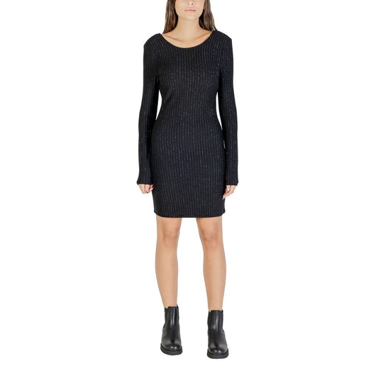 Dress by Jacqueline De Yong for women in stretch polyester & lurex black & striped presents a sinuous silhouette, showcasing a sophisticated and long-sleeve detailed with a sinuous short for a refined finish.
